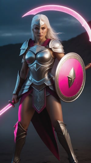 **full body beautiful female spartan warrior goddess in a battle ground holding a glowing pink neon scythe and shield, long sleek white hair and brown eyes, facing camera, finely detailed helm, armor, intricate design and details, ultra detailed, highest detail quality, ultra realistic, photography lighting, overcast reflection mapping, photorealistic, cinemeatic, movie quality rendering, octane rendering, focused, 8k, depth of field, real shadow, vfx post production --v 6.0 --ar 9:16** - <@492771102414864405> (relaxed, stealth)