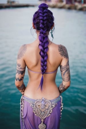 1girl indian  solo, looking at viewer, simple background, long lavander hair, hair ornament, pier background, indian style, arm tattoo, back tattoo, full-body tattoo ct-eujiiin