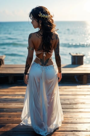 1girl indian  solo, looking at viewer, simple background, long lavander hair, hair ornament, pier background, indian style, arm tattoo, back tattoo, full-body tattoo ct-eujiiin