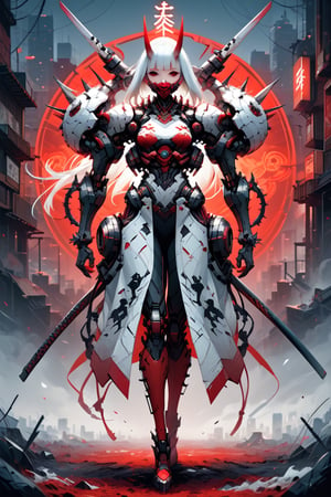 full body albino woman oni samurai mecha  , katana in red neon,  mask, white hair, robot, science fiction, android, cyborg, robot joints, cyberpunk, mechanical parts, mask, blunt bangs, oni, horns, metallic, spikes, black and gold and red, background city of neon tokio 
