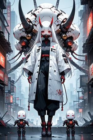 full body albino woman oni samurai mecha  , cute, mask, white hair, robot, science fiction, android, cyborg, robot joints, cyberpunk, mechanical parts, mask, blunt bangs, oni, horns, metallic, spikes, black and gold and red, background city of neon tokio 
