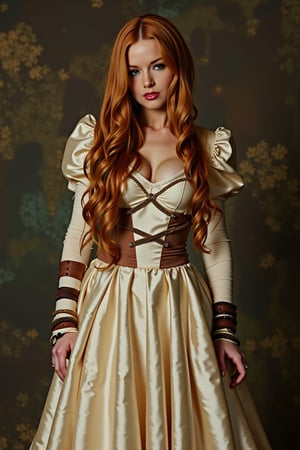 pale skin Long red hair until the ground, high fashion adaption of Sierva Maria of the book of love and other demons. create a outfit with light fabric and a outstanding model. 1850s. linen beige . African brown bracelets. destroyed dress, brown eyebags, latin, large silhouette of The dress. Bandages around The Arms. Contemporary dress. sklave. odd. suffering. environment shelter