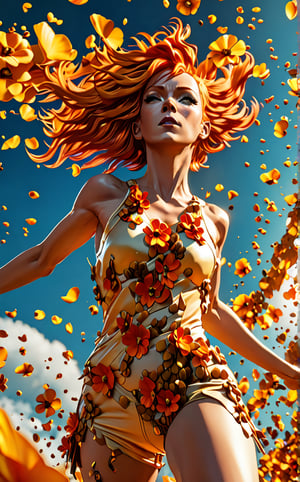 Leeloo character, movie action pose sense of beauty and a wonder, sunset, 8k UHD, alberto seveso style,EpicSky,arcane, wide_hips, amber glow, flower petals flying with the wind, hazel eyes 