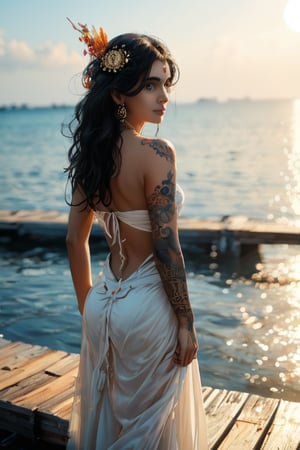 1girl indian  solo, looking at viewer, simple background, long lavander hair, hair ornament, pier background, indian style, arm tattoo, back tattoo, full-body tattoo ct-eujiiin