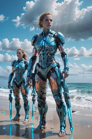 "Create a high-resolution sci-fi scene of three futuristic female warriors standing on a beach. They are dressed in advanced, form-fitting exoskeleton suits with sleek, turquoise and peach armor, blending mechanical and organic elements. Their suits feature intricate details and transparent sections that reveal their inner technology. The women are armed with large, translucent weapons that resemble energy swords or lances. Their expressions are determined and focused as they look out towards the horizon, with the ocean and sky providing a vibrant, blue backdrop."






