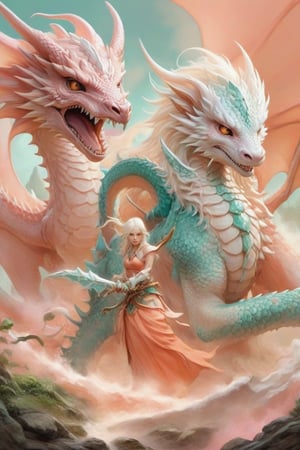 albino woman reaper warrior,
rasperry all in mint and peach, backgrund gigant dragon in a battle,Rong,Long,DRAGON,Dragon