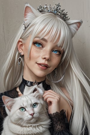 1 albino woman , solo, long hair, smile, blue eyes,gothic clothes and  jewelry, closed mouth, white hair, earrings, choker, lips, animal, black choker, cat, looking up, portrait, freckles, on head, animal on head, cat on head
