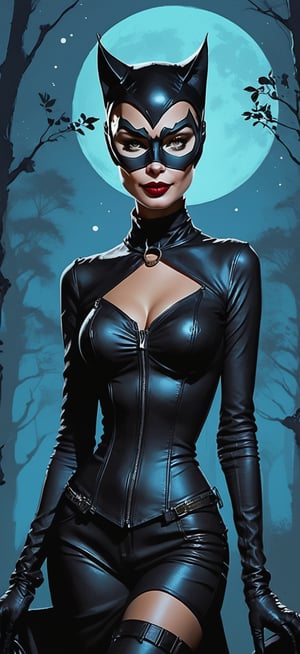 caricature style score_9, score_8_up, score_7_up, score_6_up, solo, female catwoman , concept art, Expressiveh, boho chic clothes, chromatic_background foret in the nigth full moon 