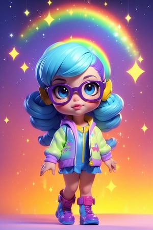 masterpiece, best quality,1 girl, pretty and cute, (terracote color Highlight Hair,colorful hair:1.4), wearing blue and purple sunglasses, rainbow jacket with wings , white sweater, background of holografic house ,  doll face, ponytail braid, perfect blue detail eyes, delicate face, perfect cg, HD quality,, sky ,violet boots, Blythe doll style 