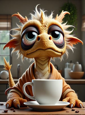 Digital illustration, big eyes, sfw, dragon human form, mythical being, jovial and chubby, cheerful and friendly, full of coffee, resembles a kind and well-dressed ghostly waiter, ethereal and otherworldly, with a big overflowing cup of coffee, spreading joy and good humor, sparkle in the eyes, hearty laughter.