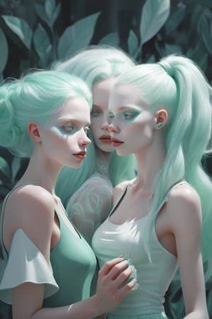 albino woman ,  ilustration style loish style  all in nacar and mint