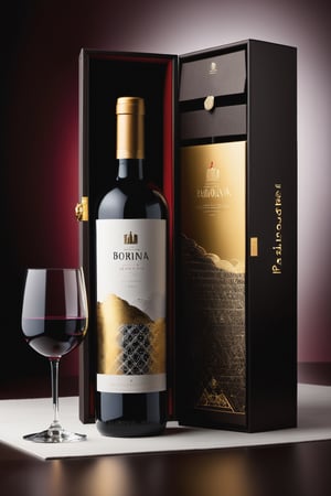 packaging de un vino tinto generalmente incluye una botella de vidrio oscuro, una etiqueta informativa y atractiva, una cápsula protectora y, en algunos casos, una caja o estuche especial. El diseño gráfico y los detalles específicos pueden variar según la marca y el estilo del vino. all in  borgoña and silver and gold , luxury details , acompañado de dos copas de vino 
