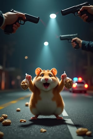 A small funny hamster stands on an asphalt road and raises his hands up. Several pistols with laser pointers are aimed at the hamster from above. The hamster has a frightened expression on his face. The fat hamster holds bags of nuts in his hands. It is dark, the hamster is under the light of spotlights, the lights of police cars are in the background. Adorable, cute, funny. realistic, higly detailed, cinematic, cartoonish atmosphere