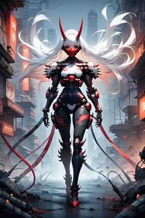 full body albino woman oni samurai mecha  ,  mask, white hair, robot, science fiction, android, cyborg, robot joints, cyberpunk, mechanical parts, mask, blunt bangs, oni, horns, metallic, spikes, black and gold and red, background city of neon tokio 
