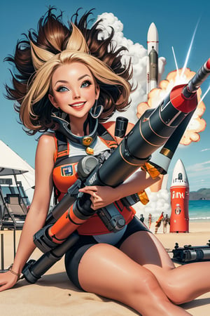 cartoon caricature doll woman lounging on beach holding large futuristic rocket launcher, wacky grin, atomic explosion in background



