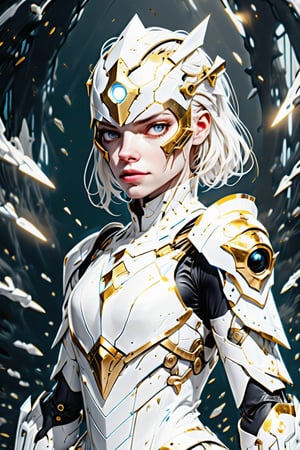 muted colors,albino mecha woman knight wearing white armor with gold accents, eerie, ethereal, semi realistic comic, gold foil accents. She is in a battle in the water