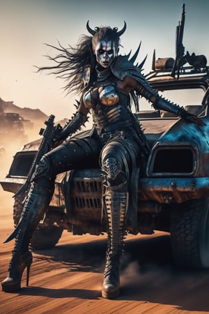 hiper realista, render 2d, 8k, full body demon zombie womans in pose of raiding sit in  one car whit armor and weapon ,mad max style ,more detail XL,more detail XL, cars apocaliptics in the backgruond ,LegendDarkFantasy