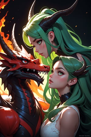 oil painting, on the left side of the drawing there is a long graceful muzzle of a horned fiery lava sparkling red dragon with red eyes in profile, the dragon's muzzle occupies two thirds of the drawing on the left side, on the right side of the drawing there is a pretty woman’s face in profile with green eyes and dark wavy shoulder-length hair. The woman and the dragon look at each other attentively and thoughtfully. Hyper-realistic, hyper-detailed, colorful, dramatic lighting, picturesque. Against the black background, in style of Daniel Gerhartz