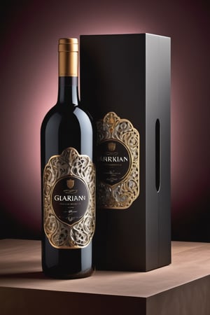 packaging de un vino tinto generalmente incluye una botella de vidrio oscuro, una etiqueta informativa y atractiva, una cápsula protectora y, en algunos casos, una caja o estuche especial. El diseño gráfico y los detalles específicos pueden variar según la marca y el estilo del vino. all in  borgoña and silver and gold , luxury details , acompañado de dos copas de vino 
