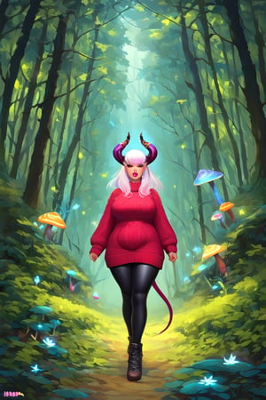 Gorgeous plump tiefling  with sparkling opalescent ram horns and tight knit sweater king size with leggings walking in a magical mushroom forest, long soft white hair with bangs, perfect eye makeup and winged eyeliner, ample feminine curves, soft lipstick, neon details, is a mystical force of nature worshipped by the beings of light that shine around her, the background is a glowing flower forest, fully clothed, Sparkle G