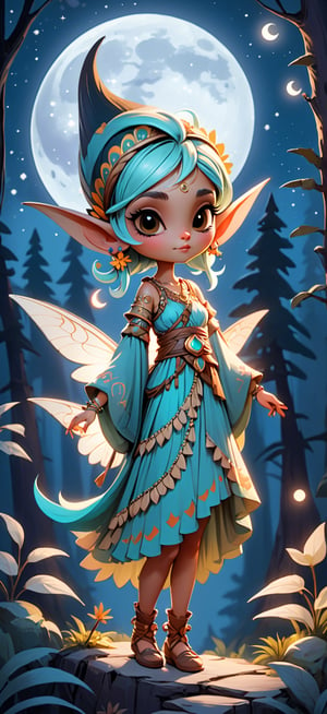 caricature style score_9, score_8_up, score_7_up, score_6_up, solo, female PIXIE HADA, concept art, Expressiveh, boho chic clothes, chromatic_background foret in the nigth full moon 