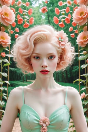 albino woman pale skin, all in mint and vintage pink 