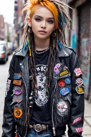 FULL BODY A punk rocker, dressed in a rebellious fusion of avant-garde fashions.hip hop sneakers dancing in the street

(standing: 1.2), ripped mesh details, embellished with punk-inspired patches and brooches. blue eyes , long dread hair , Septum earrings, more calls, tattered dreadlocks, more patches, dirty, torn and spiked anti-union leather jackets, hardcore punk style jackets, punk badges, combat boots tied to legs, Rebellin, Dal, Emo orange, trainig hp hop , landscape view , all in neon colors touch 