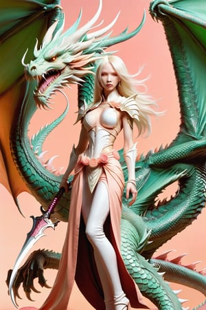 albino woman reaper warrior,
rasperry all in mint and peach, backgrund gigant dragon in a battle,Rong,Long,DRAGON,Dragon