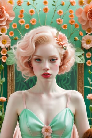 albino woman pale skin, all in mint and vintage pink 