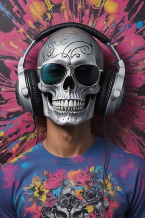 A dramatic, high-contrast, cinematic photograph of a T-shirt design, reminiscent of Christian Audigier's style, featuring a central skull wearing trendy, oversized headphones, surrounded by swirling acid smileys and musical notes in a psychedelic, graffiti-inspired pattern text " HOME". The skull's eyes are shaded with trendy, oversized sunglasses, and its mouth is curved into a cool, laid-back smile. In the center of the design, bold, cursive script proclaims "I live for the weekend" in a metallic silver font, with subtle, shimmering highlights that catch the light. The overall aesthetic is photorealistic, with a subtle film grain texture that adds a nostalgic, retro vibe to the image, evoking the feeling of a vintage, grainy music video. The colors are vibrant and bold, with hot pinks, electric blues, and sunshine yellows that pop against a deep, midnight-black background, drawing the viewer's eye to the skull's cool, carefree expression