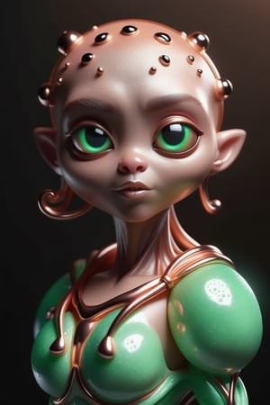 fotogrFIA, hiperrealista, render 2d, unsetting, 8k ,A cute chilli alien Powerpuff Chemical Xwith translucent skin that reveals its internal herats , which mint  glow softly with bioluminescence. It has a head that is disproportionately large compared to its body, giving it a comically cute appearance, and it communicates through a series of chirps and whistles.he chlotes are rose gold sleep in bethroom play kids 