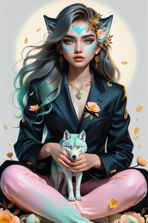 Hyper-realistic, highly detailed,1 wolf in tuxedo , in mint and peach, detailed skins,Realistic Blue Eyes,, backgroun atardecer en la ciudad Aries zodiac sign girl with golden horns and glowing eyes, surrounded in the style of gold flowers, fantasy art style, anime illustration, dark background, yellow light shining on her face, high resolution, high quality