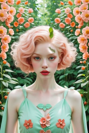 albino woman pale skin, all in mint and vintage pink 