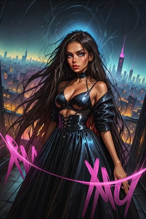 Full Body, wide shot of a demon young couple with cool street wear, a beautiful white woman and a beautiful man with white on a roof top of a sky scraper, background futuristic manhattan skyline with neon vibes, amazing, magical view, studio light, low angle,ultra realistic, cinematic
them  wears a shiny, black bunny mask that contrasts sharply with her voluminous outfit. The lighting highlights her glossy black corset, adding to the edgy and fashion-forward vibe of the shoot. Her long hair flows effortlessly, framing her face as she strikes a powerful pose. The overall scene mixes high fashion with playful, almost surreal elements, blending cutting-edge style with bold artistic expression.