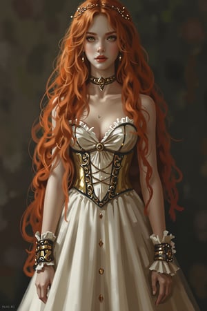 pale skin Long red hair until the ground, high fashion adaption of Sierva Maria of the book of love and other demons. create a outfit with light fabric and a outstanding model. 1850s. linen beige . African brown bracelets. destroyed dress, brown eyebags, latin, large silhouette of The dress. Bandages around The Arms. Contemporary dress. sklave. odd. suffering. environment shelter