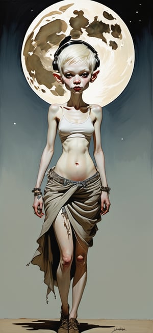 caricature realista of full body albino  pixie  woman , model boho style, full moon    Dibujante(s): Jamie Hewlett, Philip Bond, Glyn Dillon, Ashley Wood, Jim Mahfood, Rufus Dayglo, Andy Pritchett, Mike McMahon