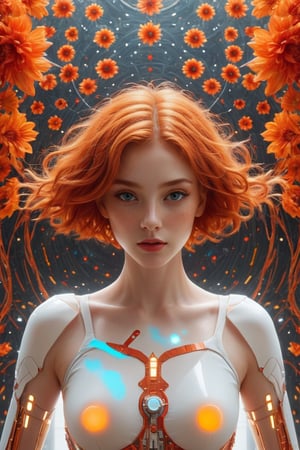 A striking minimalist illustration of a young pretty woman with vibrant orange hair, standing confidently against a simple backdrop. She wears a fitted white t-shirt with text Home , clingy orange patches that emphasize her toned figure. A surrealistic humanoid face, adorned with vivid red flowers and intricate golden and red circuitry, creates a futuristic and technological vibe. The captivating red eyes draw the viewer in, while the swirling kaleidoscope background hints at an energetic and lively atmosphere. The image exudes a mystical, otherworldly charm and evokes the essence of dark fantasy fashion.