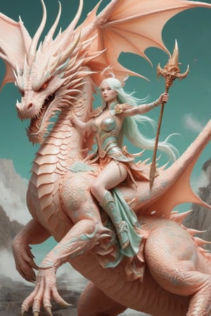 albino woman reaper warrior,riding dragon 
,all in mint and peach, backgrund gigant dragon in a battle,Rong,Long,DRAGON,Dragon