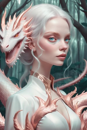 albino woman and dragon,  ilustration style loish style  all in nacar and rosegold , , background forest