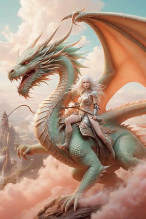 albino woman reaper warrior,riding dragon 
,all in mint and peach, backgrund gigant dragon in a battle,Rong,Long,DRAGON,Dragon