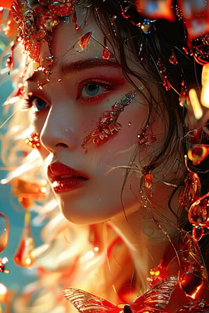 side angle shoot, beautiful goddess, perfect sweet face and eyes, Alcohol ink, splatter art, multicolor oil painting, Miki Asai Macro photography, Fantastic Realism and Sharp Focus, Mysterious Filigree Elements, filigree red drops, filigree colored buterflies, Glowing Accents, fantasy art, watce, golden appear naturally, symmetrical, glowing crystals