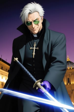 solo male, Alexander Anderson, Hellsing, Catholic priest, short silver-blond hair, green eyes, tanned skin, defined squared jaw, light facial hair, wedge-shaped scar on left cheek, round glasses, black clerical collar shirt with blue trim, black trousers, black boot, open purple-ish grey coat, open coat, white gloves, single silver cross necklace, mature, middle-aged, imposing, tall, handsome, charming, alluring, evil grin, upper body, perfect anatomy, perfect proportions, best quality, masterpiece, high_resolution, dutch angle, cowboy shot, photo background, Vatican City, fighting stance, dual wielding, holding swords