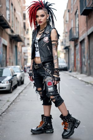 fotografia hiper realista ,FULL BODY A womans punk rocker, dressed in a rebellious fusion of avant-garde fashions.hip hop sneakers dancing in the street (standing: 1.2), ripped mesh details, embellished with punk-inspired patches and brooches. Septum earrings, more calls, tattered dreadlocks, more patches, dirty, torn and spiked anti-union leather jackets, hardcore punk style jackets, punk badges, combat boots tied to legs, Rebellin, Dal, Emo orange, trainig hp hop
