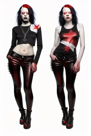  model albino woman,more detail XL,clothes punk anarchist , make up gothic shine , black, red, white, glow 
