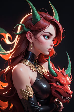 oil painting, on the left side of the drawing there is a long graceful muzzle of a horned fiery lava sparkling red dragon with red eyes in profile, the dragon's muzzle occupies two thirds of the drawing on the left side, on the right side of the drawing there is a pretty woman’s face in profile with green eyes and dark wavy shoulder-length hair. The woman and the dragon look at each other attentively and thoughtfully. Hyper-realistic, hyper-detailed, colorful, dramatic lighting, picturesque. Against the black background, in style of Daniel Gerhartz