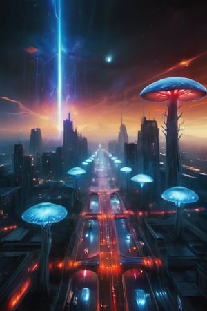 surreal atmosphere,TRAFFIC LIGHTS  city, future, sci-fi, epic fantasy photo, city illuminated by a red and blue light, with a lot of mushrooms, a stream of water, a city made of crystals, beautiful picture, the sky is full of stars and nebulae and planet, lensflare, dynamic light, 8k, uhd, ultra realistic photo, realistic photography, cinematic view, cinematic angle, best quality, masterpiece, an_aerial_view_of_a_city. enhanced textures, creative, vibrant, masterpiece, 8k, ultra HD, ultra-detailed, amazing quality, amazing artist, sharp edges, detailed textures, full view, atmospheric lighting, amazing visuals