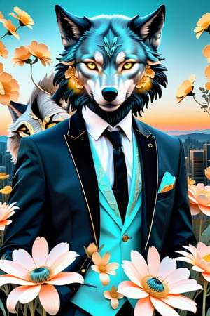 Hyper-realistic, highly detailed,1 wolf in tuxedo , in mint and peach, detailed skins,Realistic Blue Eyes,, backgroun atardecer en la ciudad Aries zodiac sign girl with golden horns and glowing eyes, surrounded in the style of gold flowers, fantasy art style, anime illustration, dark background, yellow light shining on her face, high resolution, high quality