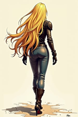  A girl with long blonde hair, battle angel alita, human body. Battle angel alita, walking away with her back turned towards the viewer, leaving her past behind her. Concept art sketch.