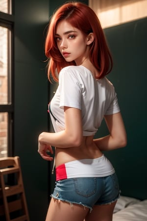 beautiful girl, with red hair, hands behind her back, short shorts lethers , T-shirt  lengerie , no text on top, campera de cuero , pelo blanco 16k UHD, exceptional realism, maximum resolution, ultra-detailed, Perfect Anything, Text, ,Realistic