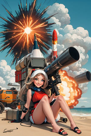 cartoon caricature doll woman lounging on beach holding large futuristic rocket launcher, wacky grin, atomic explosion in background



